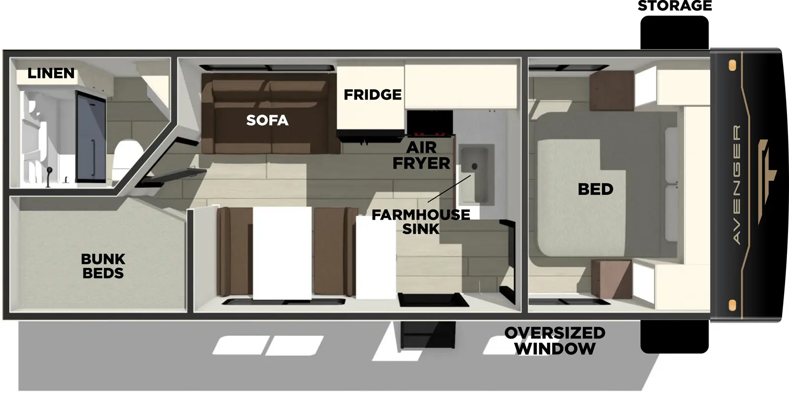 The Avenger 25BK floorplan has one entry and zero slide outs. Exterior features include: metal exterior. Interiors features include: bunk beds and front bedroom.